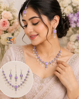 Picture of Women’s Elegant Lavender Stone Pearl Necklace Earrings & Tikka Jewelry Set - Purple
