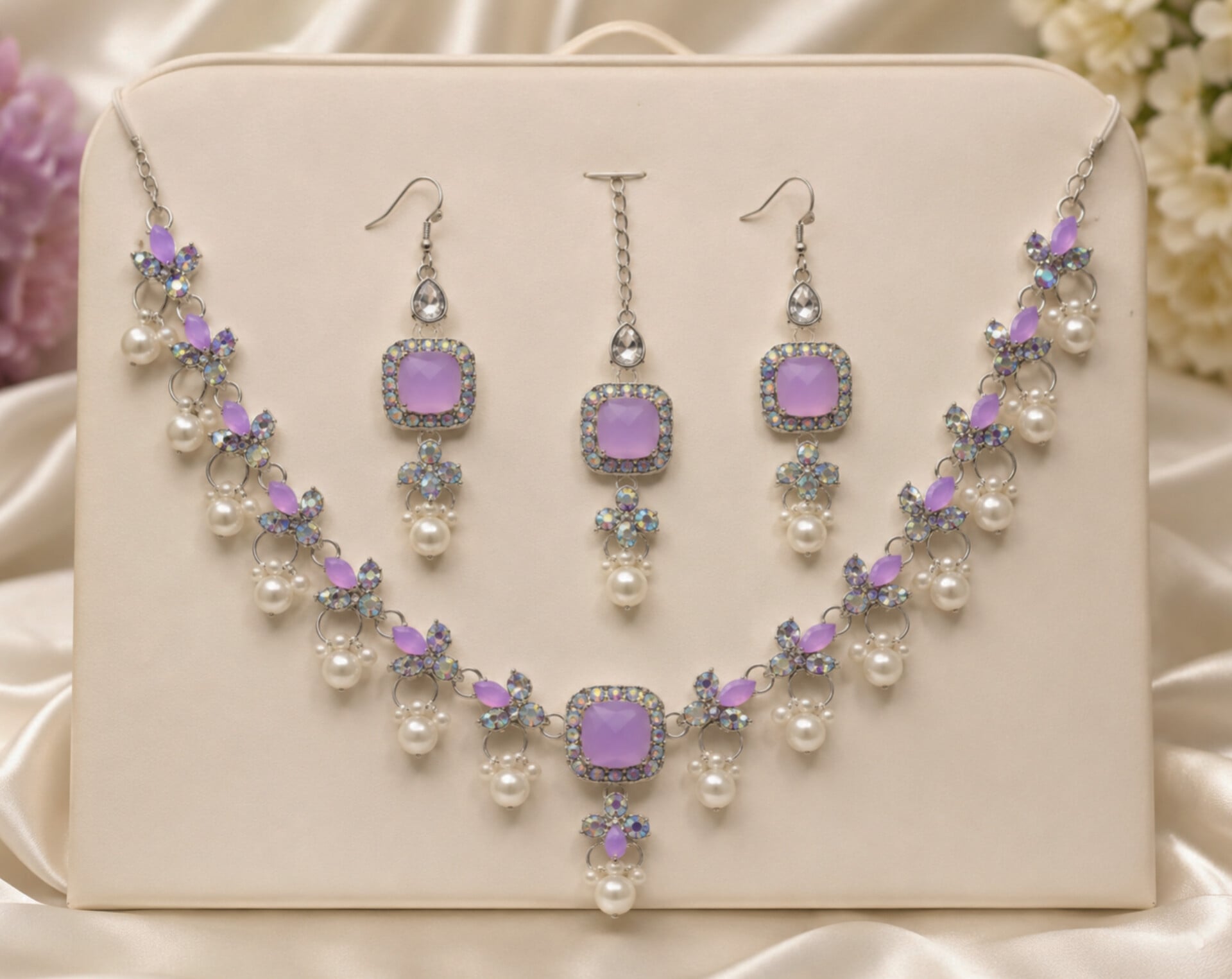 Picture of Women’s Elegant Lavender Stone Pearl Necklace Earrings & Tikka Jewelry Set - Purple