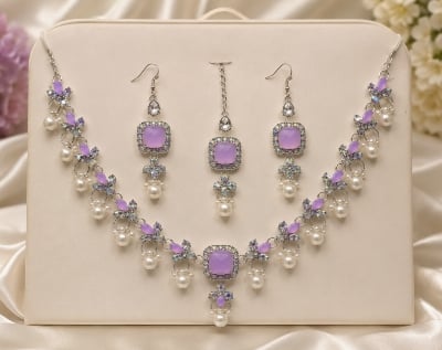 Picture of Women’s Elegant Lavender Stone Pearl Necklace Earrings & Tikka Jewelry Set - Purple