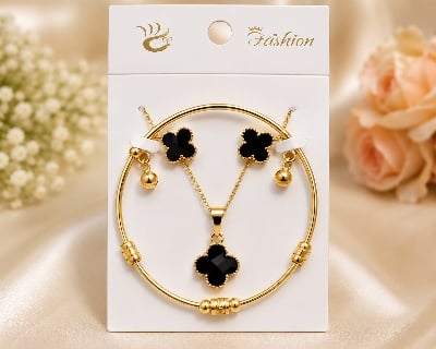 Picture of Women’s Black Clover Gold-Tone Jewelry Set – Bracelet, Necklace & Earrings - Black