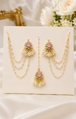 Picture of Royal Bahubali Pink Stone Pearl Jewelry Set - Pink