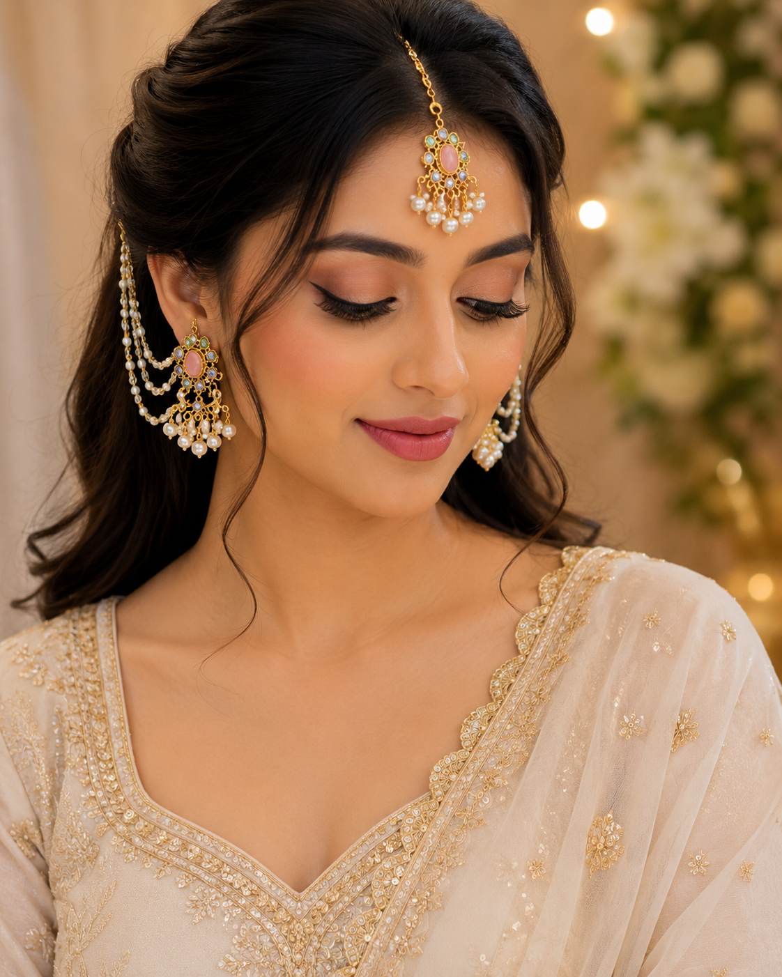 Picture of Royal Bahubali Pink Stone Pearl Jewelry Set - Pink