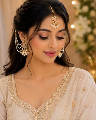 Picture of Royal Bahubali Pink Stone Pearl Jewelry Set - Pink