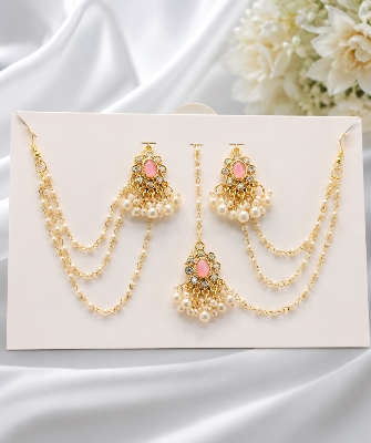 Picture of Royal Bahubali Pink Stone Pearl Jewelry Set - Pink