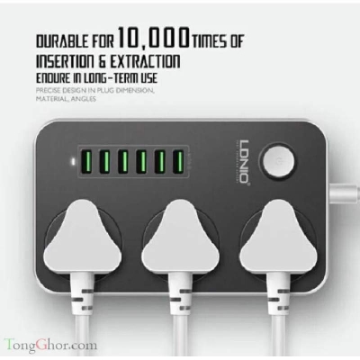 Picture of LDNIO SC-3604 Power Strip with 6 USB Ports & 3 Universal Sockets | 3.4A Smart Charging | 2500W Surge Protector Extension Board Grey & white