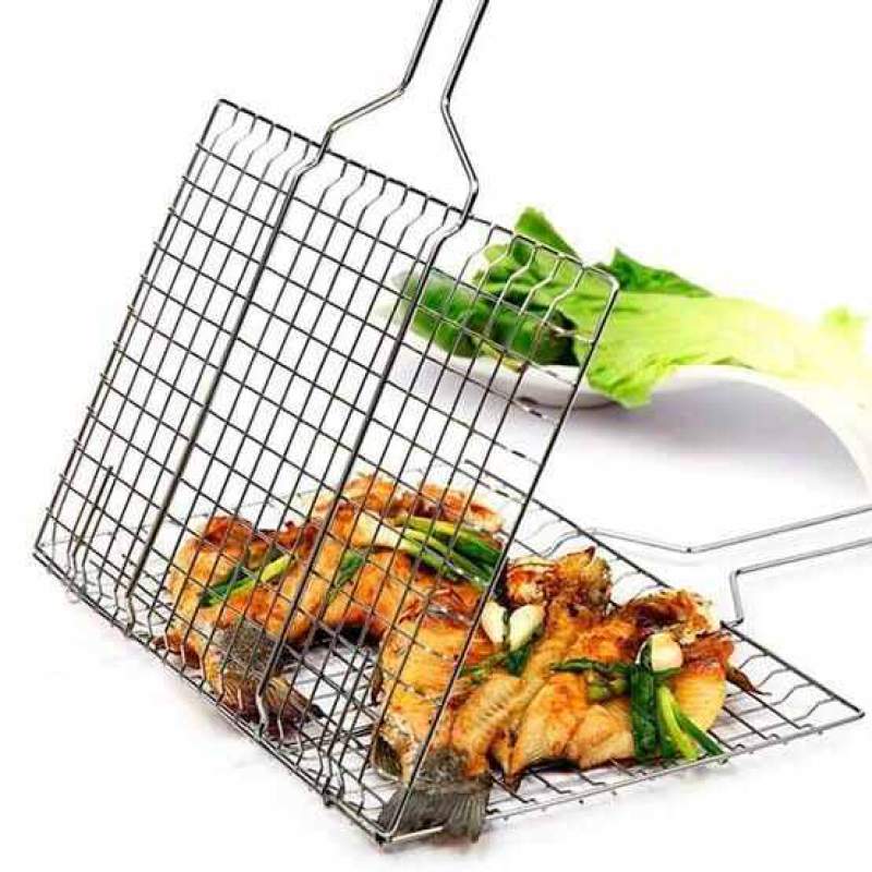 Picture of BBQ Grill Net Clip Stainless Steel Fish & Meat BBQ Grill Basket Portable Barbecue Grilling Net Silver