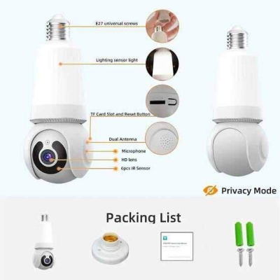 Picture of V380 Pro 3MP WiFi Bulb IP Camera | 360° Pan Tilt | Full Color Night Vision | Motion Detection | Two-Way Audio | Siren Alarm | E27 Bulb Security Camera White