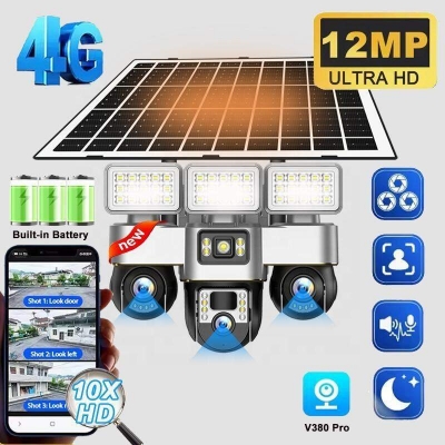 Picture of 12MP Triple Lens Solar PTZ Security Camera | 4G SIM | V380 Pro | 355° Pan & 90° Tilt | AI Human Detection | Auto Tracking | Two-Way Audio | Color Night Vision | IP66 Waterproof Black