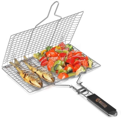 Picture of BBQ Grill Net Clip Stainless Steel Fish & Meat BBQ Grill Basket Portable Barbecue Grilling Net Silver