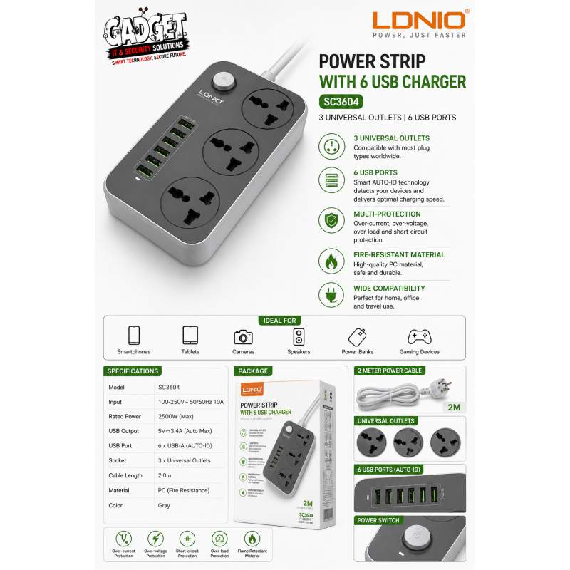 Picture of LDNIO SC-3604 Power Strip with 6 USB Ports & 3 Universal Sockets | 3.4A Smart Charging | 2500W Surge Protector Extension Board Grey & white