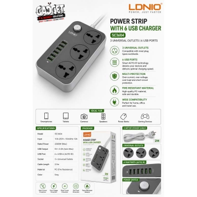 Picture of LDNIO SC-3604 Power Strip with 6 USB Ports & 3 Universal Sockets | 3.4A Smart Charging | 2500W Surge Protector Extension Board Grey & white