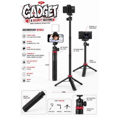 Picture of Ulanzi MT-44 Extendable Vlog Tripod | Selfie Stick with Phone Holder | Camera Tripod for Mobile, DSLR, Mirrorless & Action Camera Black