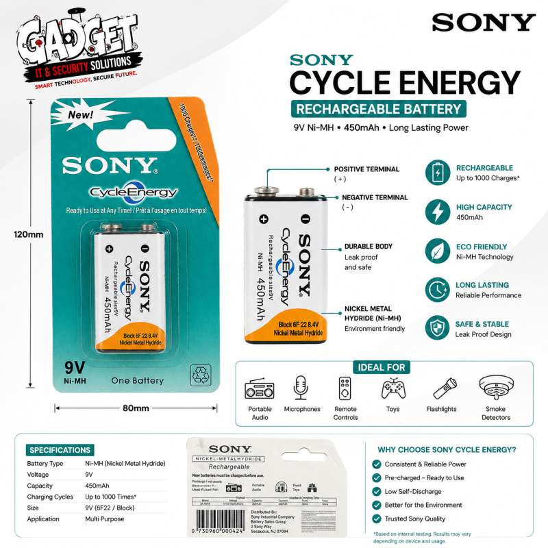 Picture of Sony Cycle Energy 9V Rechargeable Battery 450mAh | Long Life Ni-MH Rechargeable Battery Multicolor