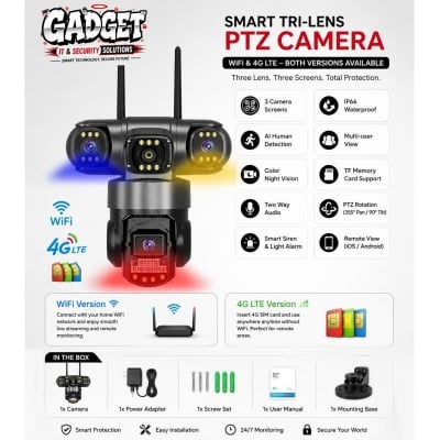 Picture of V380 SC28 3 Lens Outdoor PTZ IP Camera | WiFi & 4G SIM Supported | 9MP Triple Lens | AI Human Tracking | Two-Way Audio | Color Night Vision | 128GB Support 
