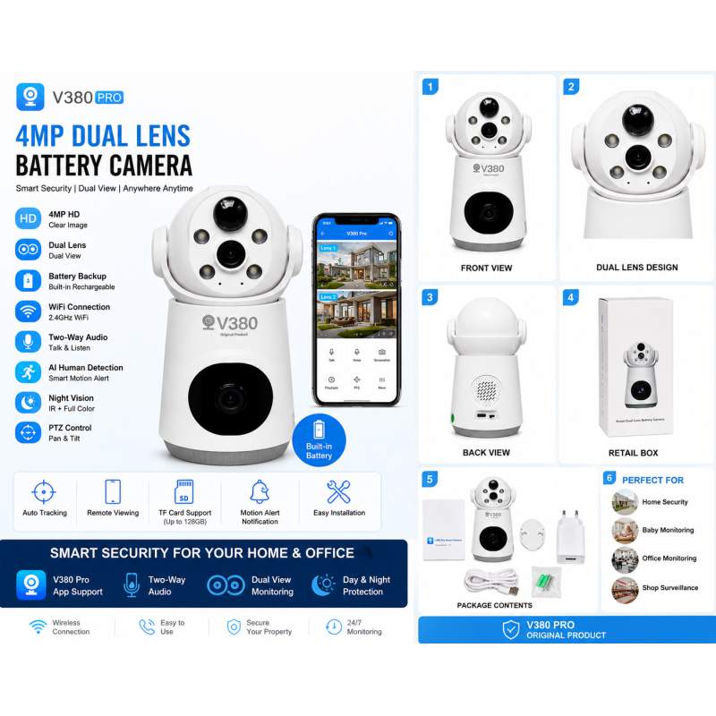 Picture of V380 Pro 4MP Dual Lens WiFi & 4G Battery Camera | Two-Way Audio | Indoor CCTV 
