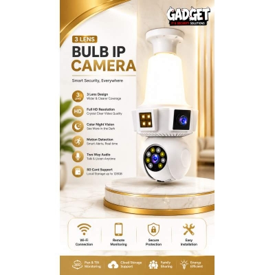 Picture of 3 Lens Bulb WiFi IP Camera 3+3+3MP | 360° Pan Tilt | Full Color Night Vision | AI Motion Detection | Auto Tracking | Two-Way Audio | Wireless CCTV Camera White