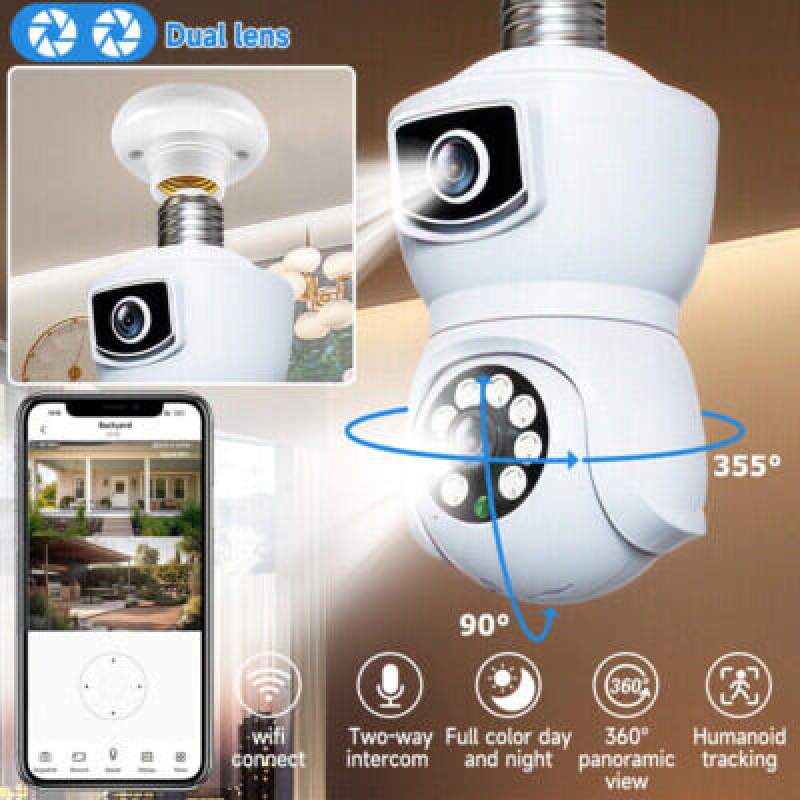 Picture of V380 E9 Dual Lens Bulb PTZ WiFi IP Camera | Dual Screen | 360° Pan Tilt | AI Human Detection | Two-Way Audio | Color Night Vision | E27 Bulb Security Camera White