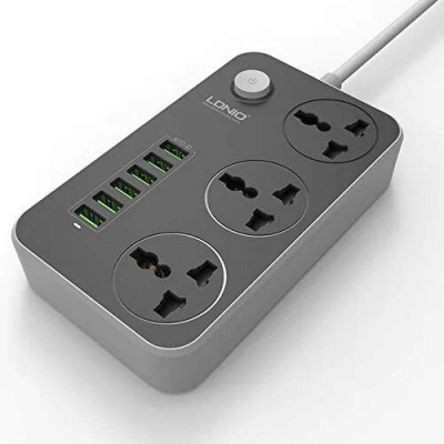 Picture of LDNIO SC-3604 Power Strip with 6 USB Ports & 3 Universal Sockets | 3.4A Smart Charging | 2500W Surge Protector Extension Board Grey & white