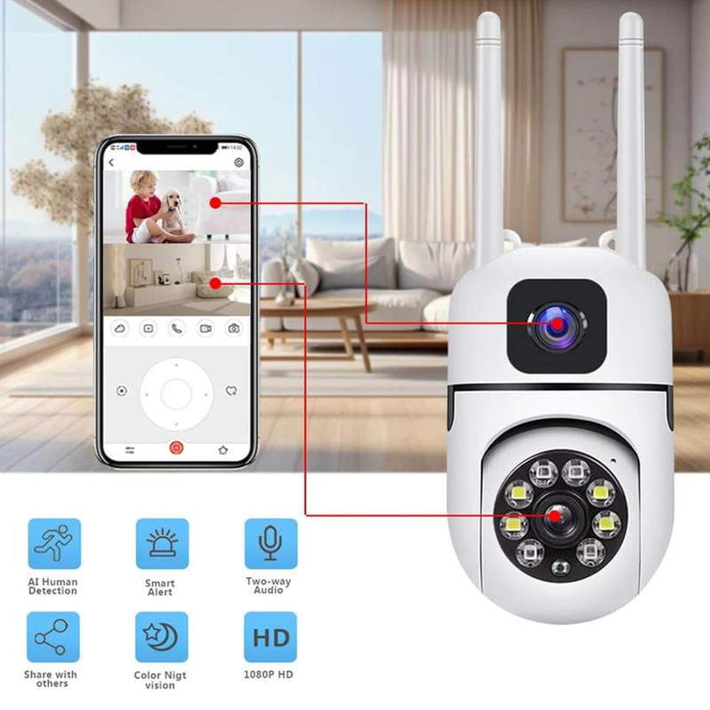 Picture of V380 Dual Lens PTZ WiFi Camera with Night Vision,Motion Detection, Two Way Talk White