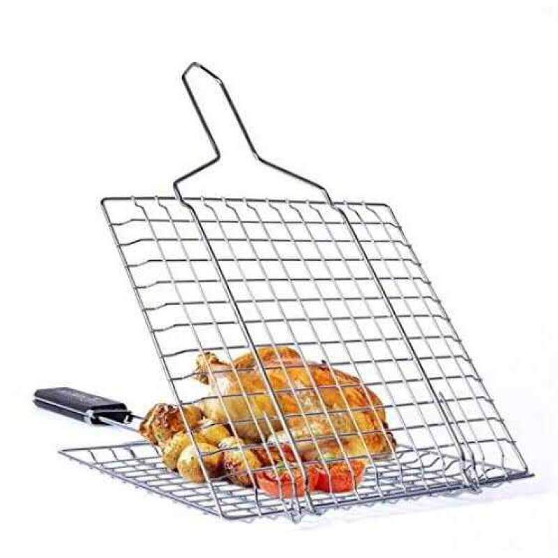 Picture of BBQ Grill Net Clip Stainless Steel Fish & Meat BBQ Grill Basket Portable Barbecue Grilling Net Silver