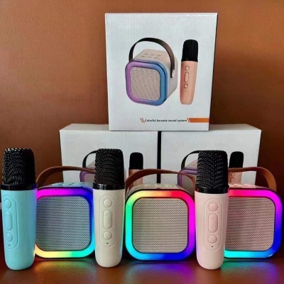 Picture of K12 Portable Bluetooth Karaoke Speaker with 2 Wireless Microphones | Bluetooth 5.3 | RGB LED Light | Rechargeable Mini KTV Speaker for Home Party Kids Multicolor