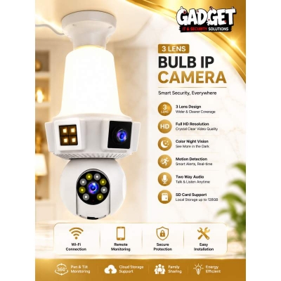 Picture of 3 Lens Bulb WiFi IP Camera 3+3+3MP | 360° Pan Tilt | Full Color Night Vision | AI Motion Detection | Auto Tracking | Two-Way Audio | Wireless CCTV Camera White