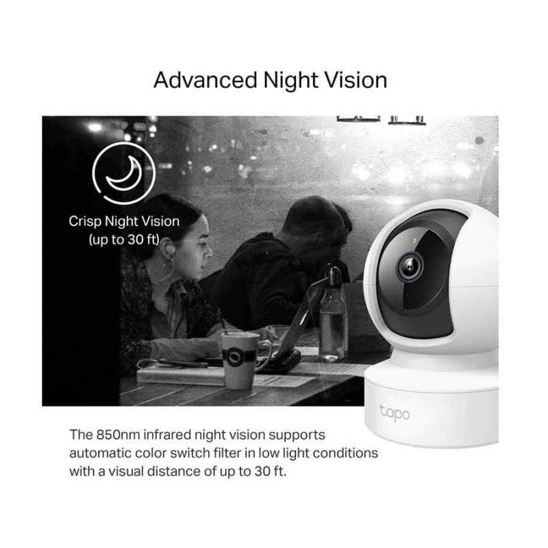 Picture of Pan/Tilt Home Security Wi-Fi Camera Tapo C212 High-Definition Video: Records every image in crystal-clear view Pan and Tilt: 360º horizontal and 114º vertical range Advanced Night Vision: Provides a visual distance of up to 30 ft Motion Detection White