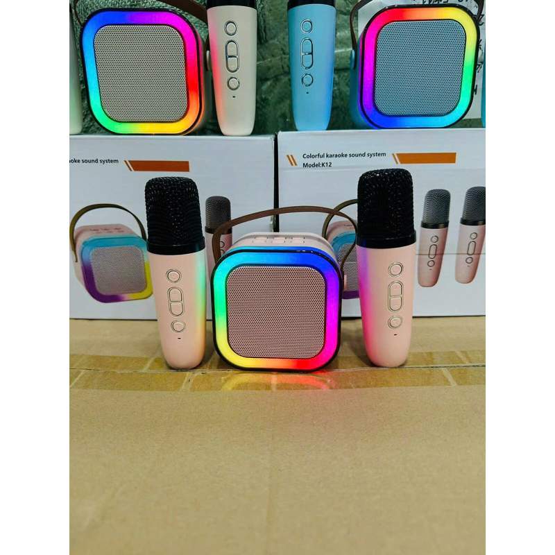 Picture of K12 Portable Bluetooth Karaoke Speaker with 2 Wireless Microphones | Bluetooth 5.3 | RGB LED Light | Rechargeable Mini KTV Speaker for Home Party Kids Multicolor