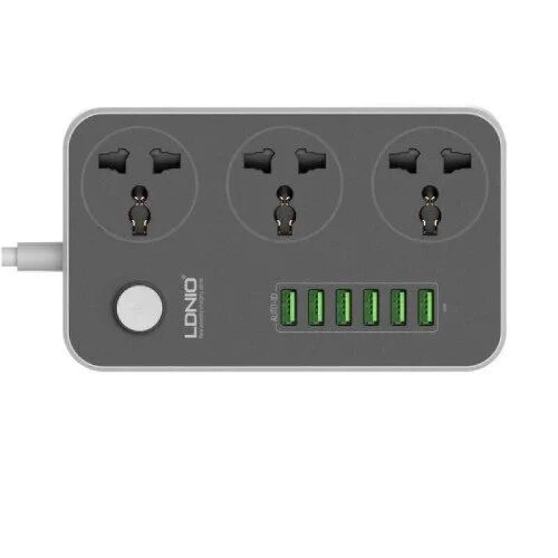 Picture of LDNIO SC-3604 Power Strip with 6 USB Ports & 3 Universal Sockets | 3.4A Smart Charging | 2500W Surge Protector Extension Board Grey & white