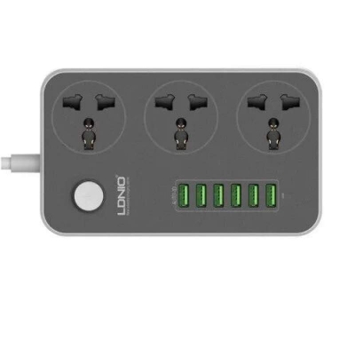 Picture of LDNIO SC-3604 Power Strip with 6 USB Ports & 3 Universal Sockets | 3.4A Smart Charging | 2500W Surge Protector Extension Board Grey & white