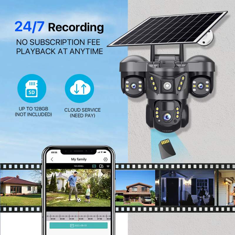 Picture of V380 Pro Three Lens Solar Powered 4G LTE Battery Backup Security IP Camera Black