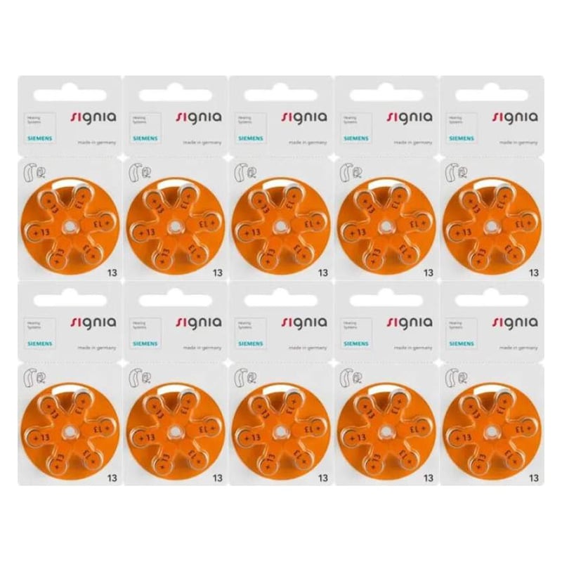Picture of Signia Hearing Aid Battery Size 13 | 1.45V Zinc Air | Long Lasting | Mercury Free | 6 Batteries Pack | Orange