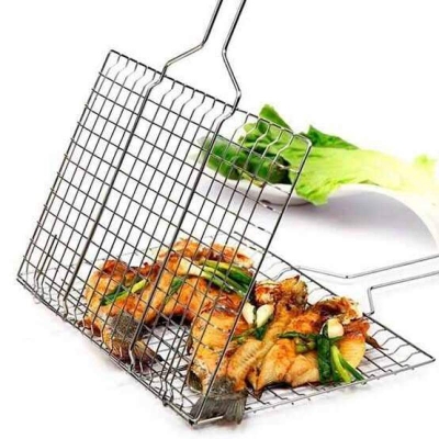 Picture of BBQ Grill Net Clip Stainless Steel Fish & Meat BBQ Grill Basket Portable Barbecue Grilling Net Silver