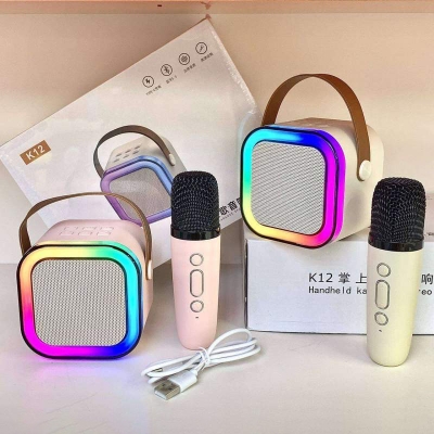 Picture of K12 Portable Bluetooth Karaoke Speaker with 2 Wireless Microphones | Bluetooth 5.3 | RGB LED Light | Rechargeable Mini KTV Speaker for Home Party Kids Multicolor