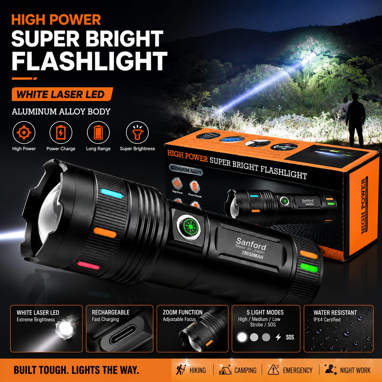 Picture of Sanford Super Bright Rechargeable LED Flashlight 4000mAh | White Laser LED Torch with Side Zoom, Type-C Charging & Mobile Phone Charging