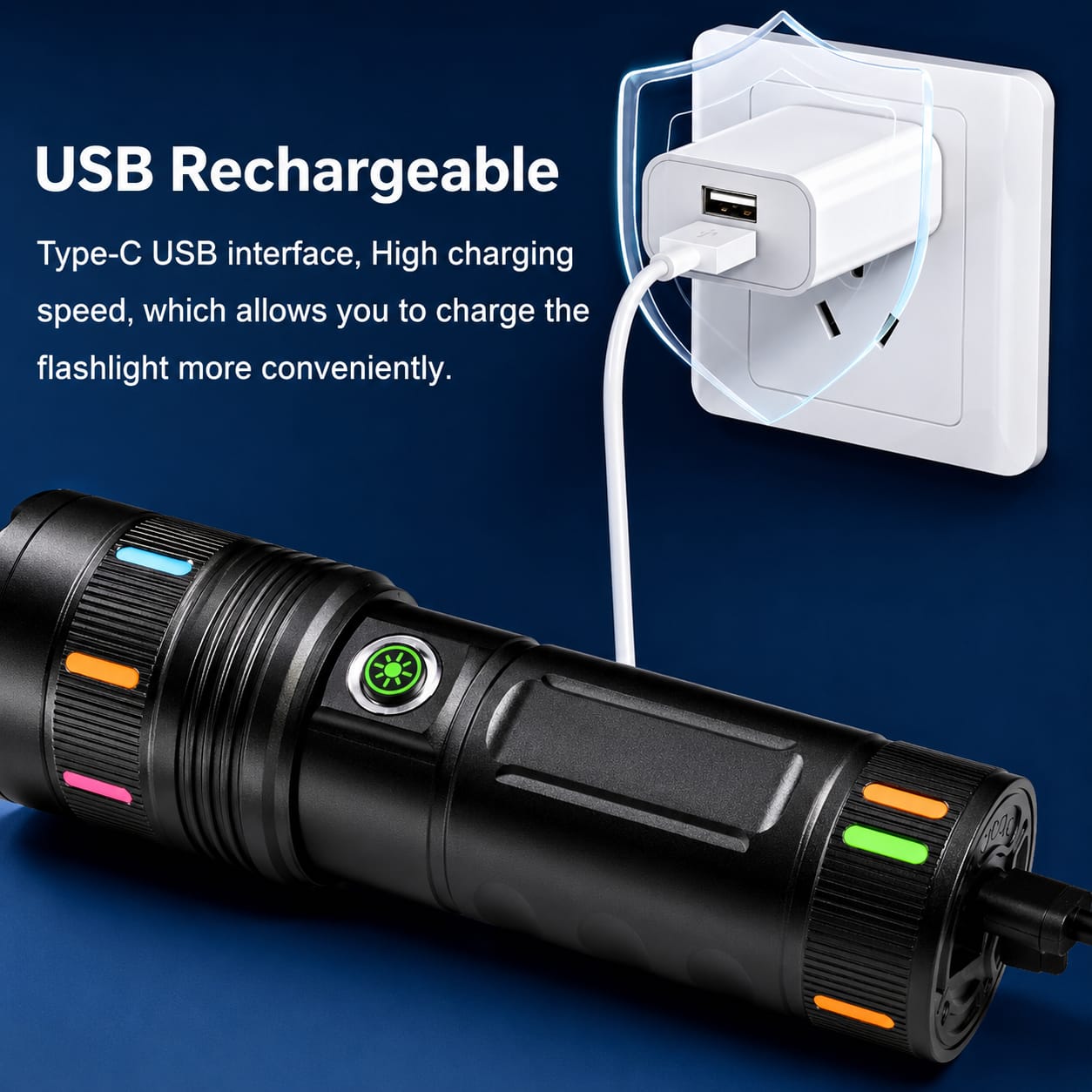 Picture of Sanford Super Bright Rechargeable LED Flashlight 4000mAh | White Laser LED Torch with Side Zoom, Type-C Charging & Mobile Phone Charging