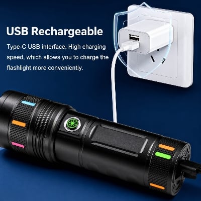 Picture of Sanford Super Bright Rechargeable LED Flashlight 4000mAh | White Laser LED Torch with Side Zoom, Type-C Charging & Mobile Phone Charging