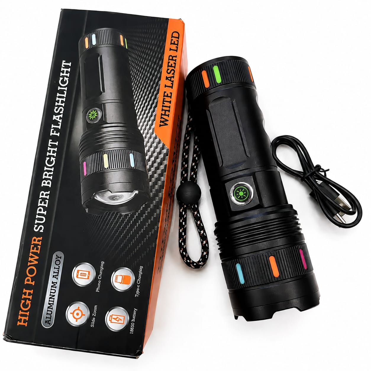 Picture of Sanford Super Bright Rechargeable LED Flashlight 4000mAh | White Laser LED Torch with Side Zoom, Type-C Charging & Mobile Phone Charging