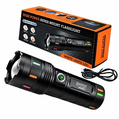 Picture of Sanford Super Bright Rechargeable LED Flashlight 4000mAh | White Laser LED Torch with Side Zoom, Type-C Charging & Mobile Phone Charging