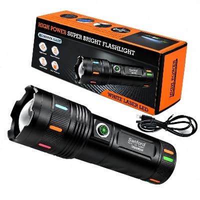 Picture of Sanford Super Bright Rechargeable LED Flashlight 4000mAh | White Laser LED Torch with Side Zoom, Type-C Charging & Mobile Phone Charging