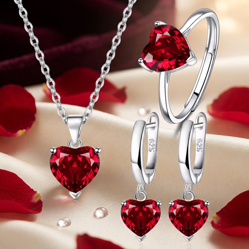 Picture of 925 Sterling Silver Heart Zircon Jewelry Set for Women Adjustable Ring Necklace Earrings Bridal Wedding Gift Set, 925 Sterling Silver Jewelry Set, Heart Jewelry Set, Zircon Jewelry Set, Women Jewelry Set, Silver Necklace Set, Bridal Jewelry Set, Wedding Jewelry Set, Heart Necklace, Zircon Earrings