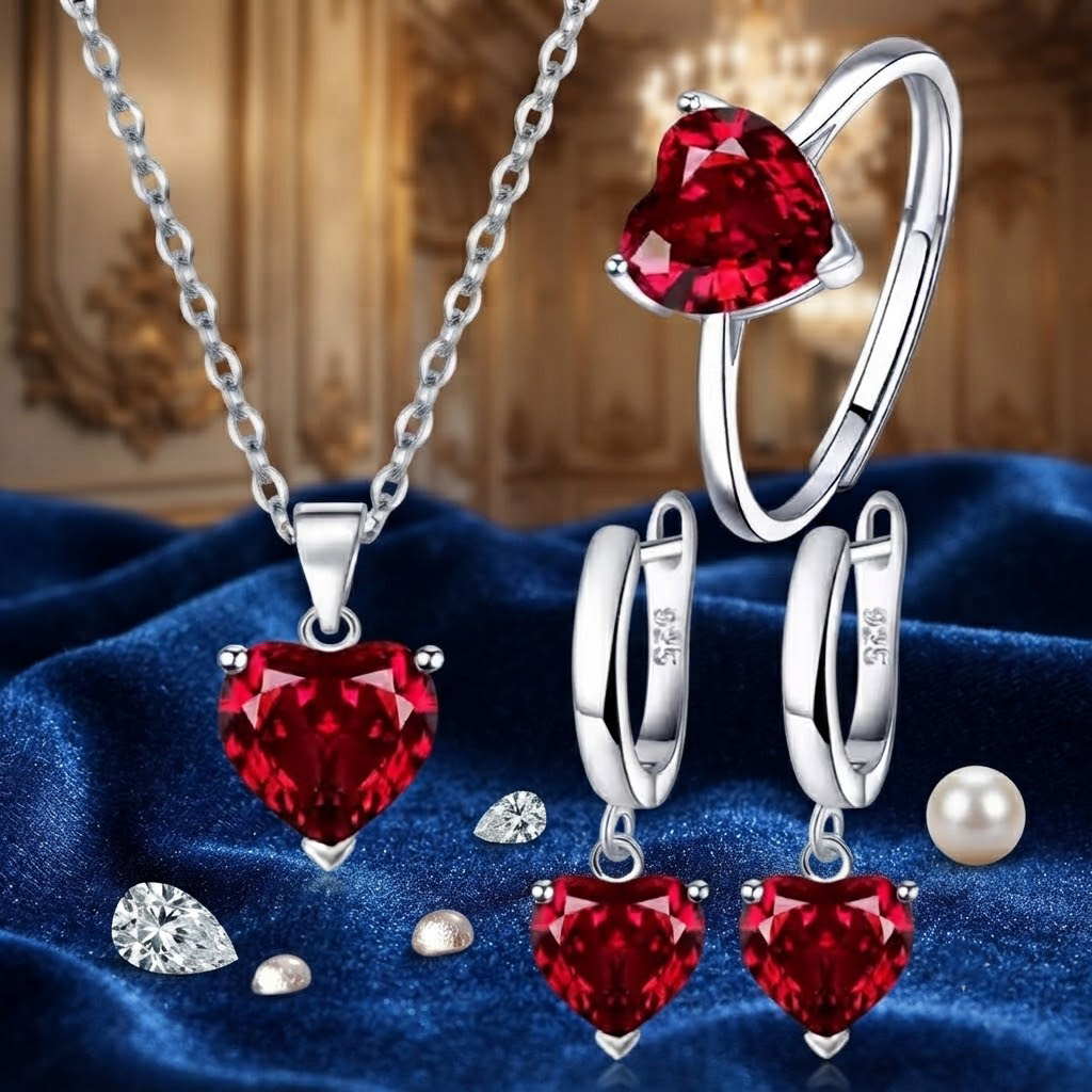 Picture of 925 Sterling Silver Heart Zircon Jewelry Set for Women Adjustable Ring Necklace Earrings Bridal Wedding Gift Set, 925 Sterling Silver Jewelry Set, Heart Jewelry Set, Zircon Jewelry Set, Women Jewelry Set, Silver Necklace Set, Bridal Jewelry Set, Wedding Jewelry Set, Heart Necklace, Zircon Earrings