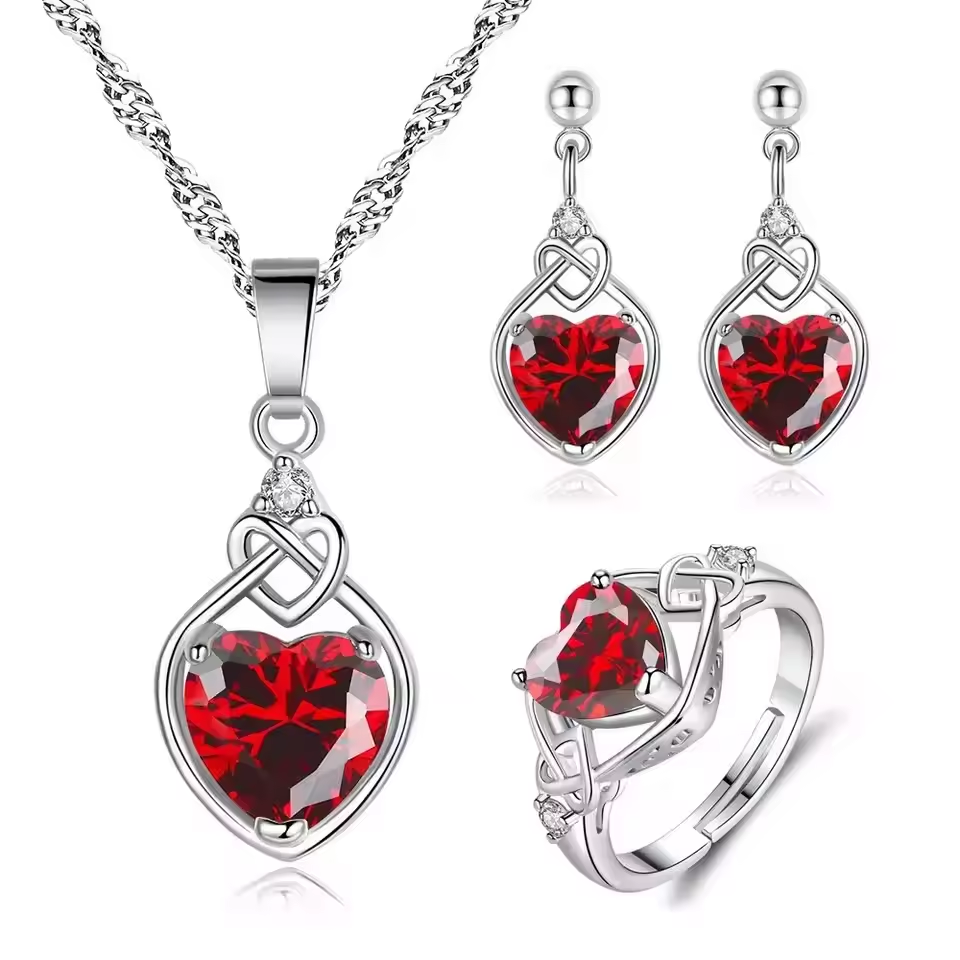 Picture of 925 Sterling Silver Heart Zircon Jewelry Set for Women Adjustable Ring Necklace Earrings Bridal Wedding Gift Set, 925 Sterling Silver Jewelry Set, Heart Jewelry Set, Zircon Jewelry Set, Women Jewelry Set, Silver Necklace Set, Bridal Jewelry Set, Wedding Jewelry Set, Heart Necklace, Zircon Earrings