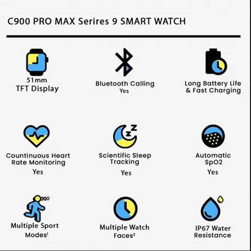 Picture of C900 Pro Max Smart Watch Big Display Serires 9 SMART WATCH  for Men Women, HD Screen Activity Tracker Smartwatch, Fitness Tracker with Heart RateSleep Monitor, 25 Sport Modes IP68 Waterproof, Pedometer, Fitness Watch for Android iOS Phones-Black