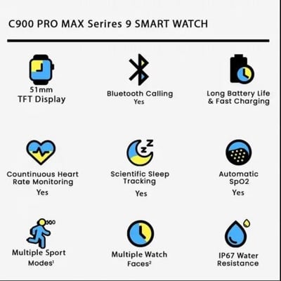 Picture of C900 Pro Max Smart Watch Big Display Serires 9 SMART WATCH  for Men Women, HD Screen Activity Tracker Smartwatch, Fitness Tracker with Heart RateSleep Monitor, 25 Sport Modes IP68 Waterproof, Pedometer, Fitness Watch for Android iOS Phones-Black