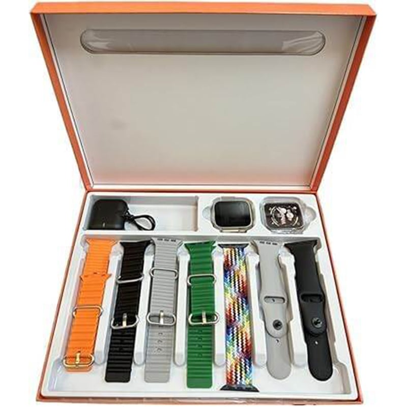 Picture of Ultra 7 in 1 Smart Watch Fitness Touch Screen Waterproof Bt Call with 7 Extra Straps, Wireless Magnetic Charger & Premium Gift-Black