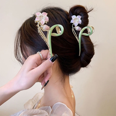 Picture of A Face Flower Hand-painted Enamel Elegant Grab Zinc alloy Clip Hairpin Women's New Back Head Cute Mori Headwear Exquisite-L94 Yellow Lily