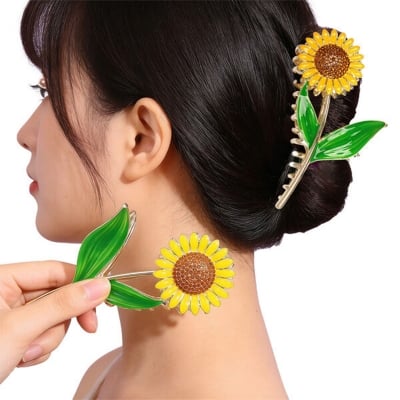 Picture of Korean-Style Sunflower Flower Alloy Hair Claw Clip – Exquisite Sweet Floral Shark Clip, Elegant & Versatile Hair Accessory for Women & Girls