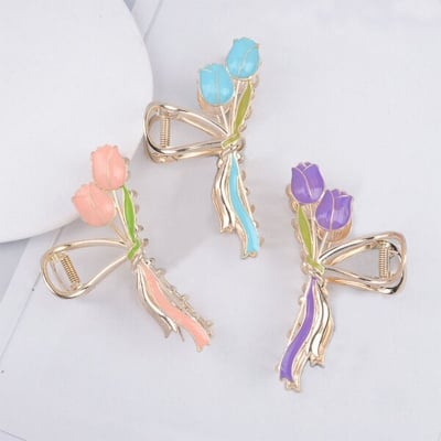 Picture of Tulip Metal Flower Grab Clip Temperament Girl's All-match Hair Shark Clip Super Fairy Hair Accessories-Tulip