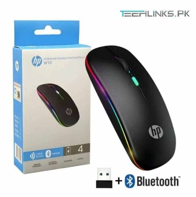 Picture of HP W10 RGB BLUETOOTH & WiRELESS MOUSE RECHARGEABLE TYPE-C Works With Laptop/PC/Desktop/Windows/MAC/Android  with 1 year warranty - Black